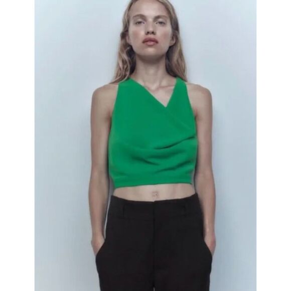 ZARA Flowy Draped Neckline Emerald Crop Top Size Medium for St Patricks Day! - Picture 2 of 7